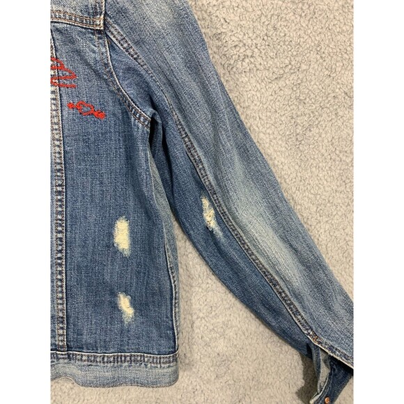 American Eagle (M) Blue Jean Denim Jacket Floral Wearable Art Distressed Pockets - Picture 13 of 16